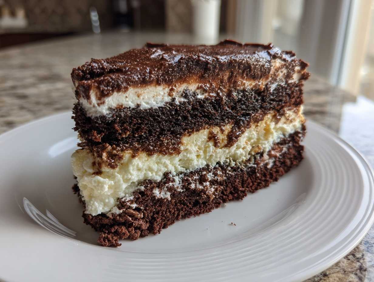 Close-up of a rich slice of italian love cake showing three distinct layers of dark chocolate cake and creamy white filling.