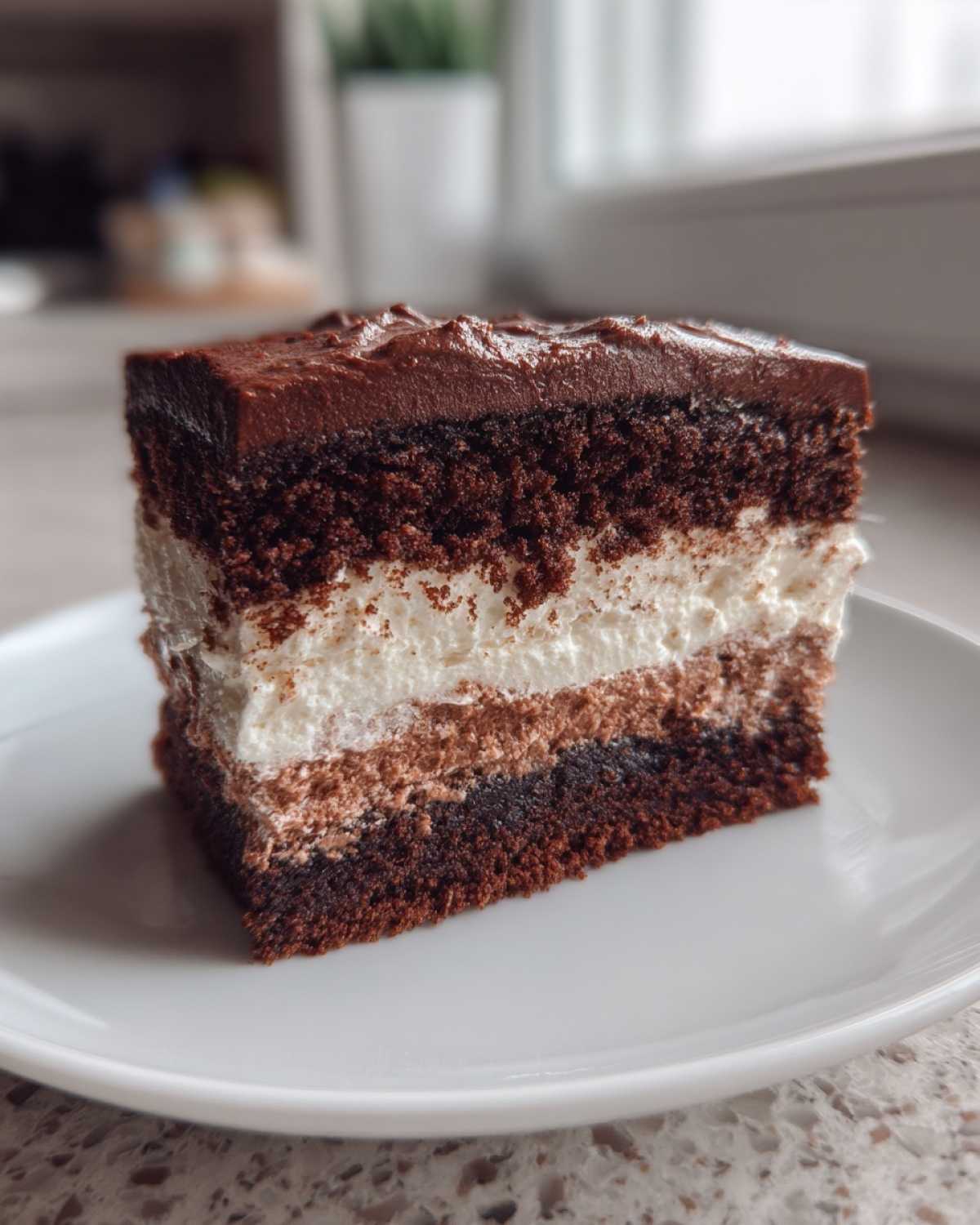 Close-up of a rich, multi-layered slice of Italian love cake featuring dark chocolate cake and white cream layers.