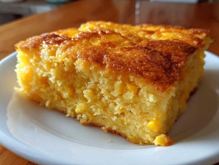 A moist, golden slice of jiffy corn casserole showing whole corn kernels baked inside, served on a white plate.