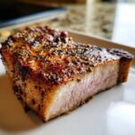Close-up of a perfectly cooked, juicy air fryer pork chop showing a pink center and dark, seasoned crust.