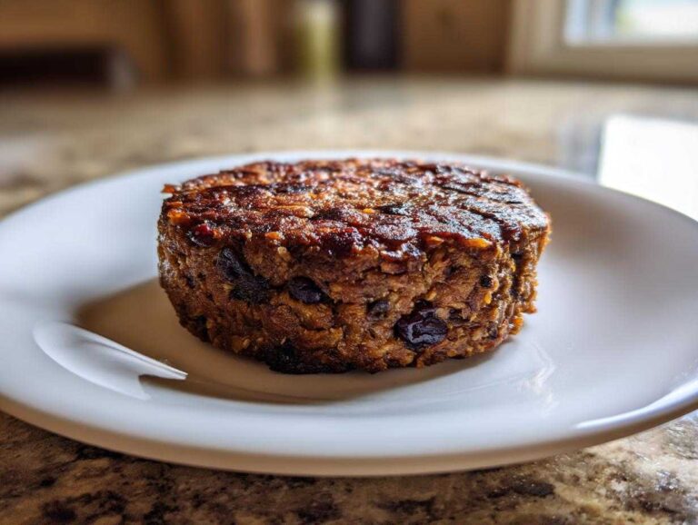A perfectly formed, thick black bean burger patty resting on a white plate, showing a rich, dark, textured exterior.
