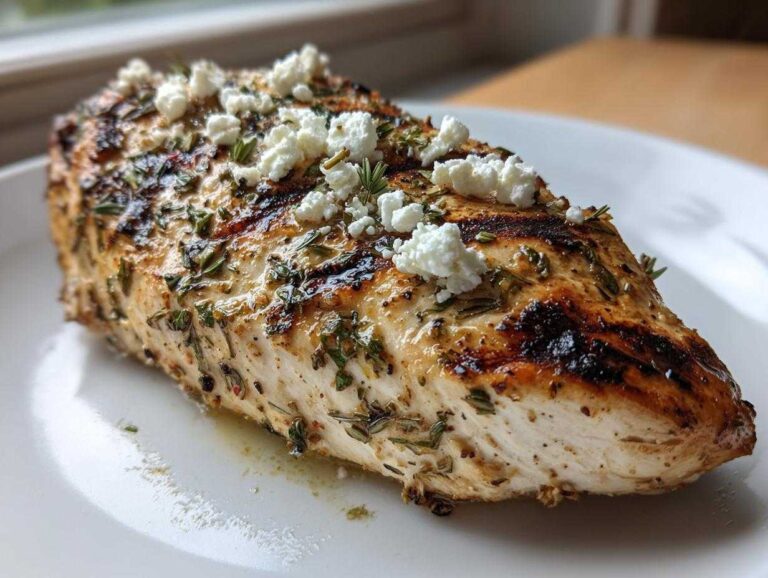 Close-up of a perfectly grilled greek chicken breast topped with crumbled feta cheese and fresh herbs.