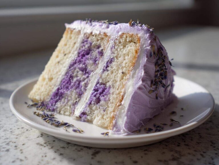 A slice of layered lavender cake with purple filling and frosting, garnished with dried lavender buds.