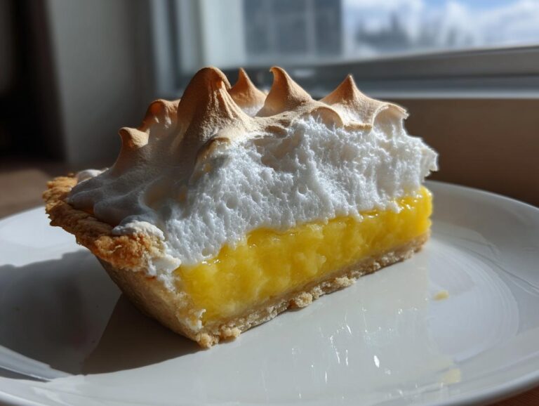 A close-up of a tall slice of lemon meringue pie showing the bright yellow filling and torched meringue peaks.