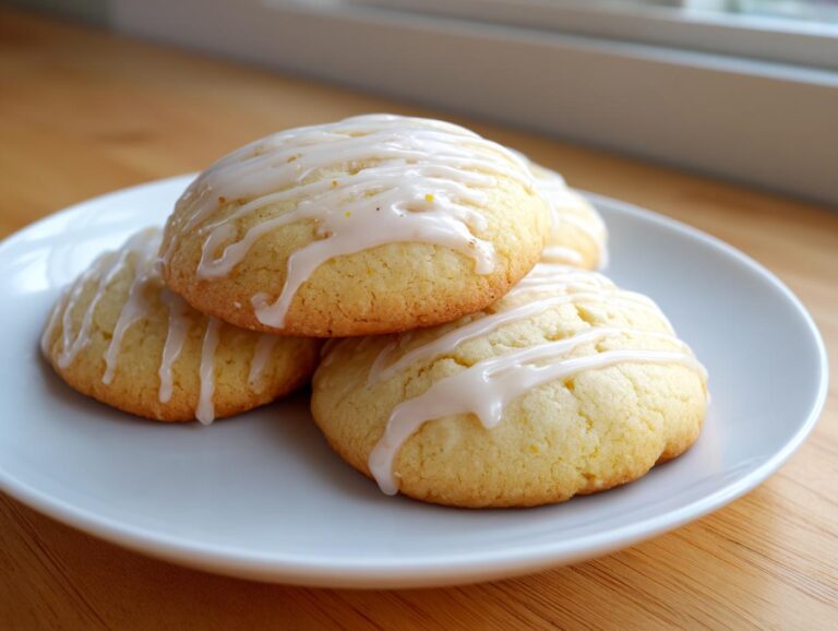 A stack of soft, pale yellow london fog cookies drizzled with white vanilla icing on a white plate.