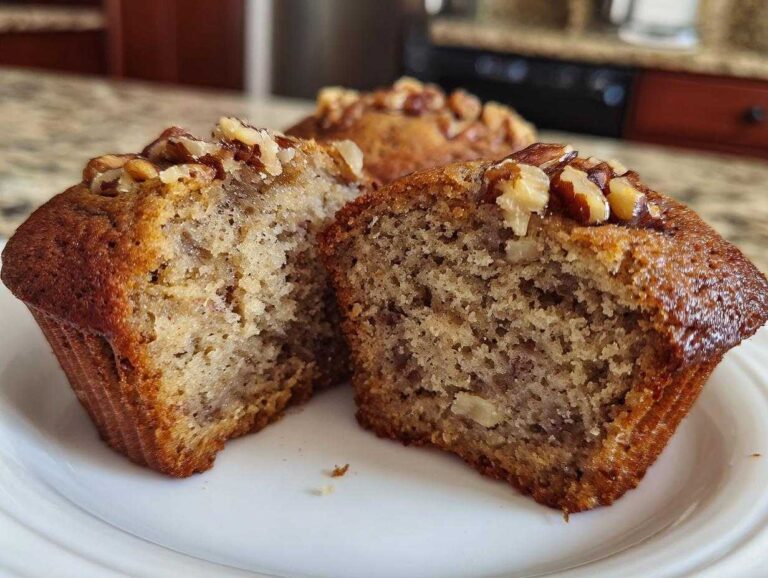 Close-up of moist banana nut muffins cut open, showing the interior texture and pecan topping.