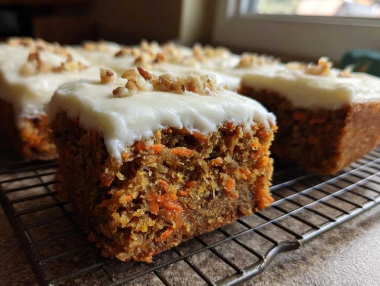 Close-up of a moist carrot cake bars slice topped with thick cream cheese frosting and chopped walnuts.