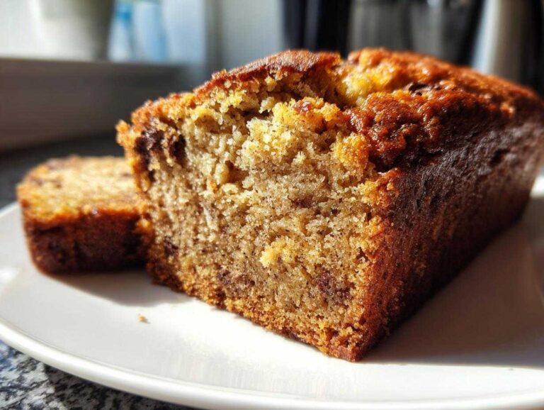 Close-up of a thick, moist slice of greek yogurt banana bread with a golden-brown crust on a white plate.