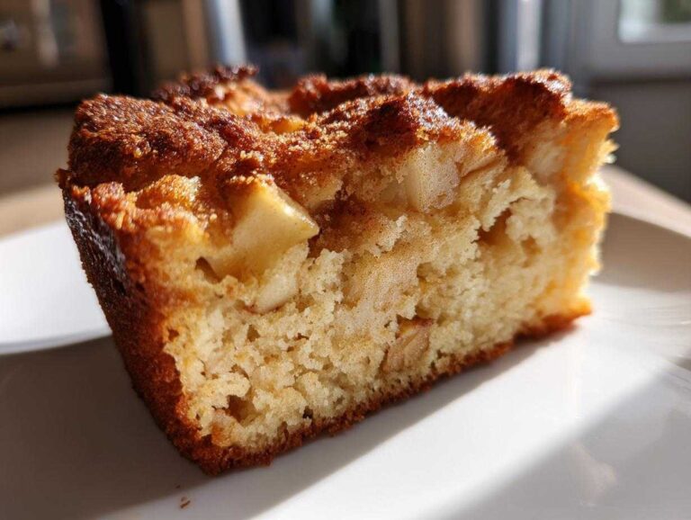 Close-up of a moist slice of Jewish apple cake showing tender crumb and chunks of apple.