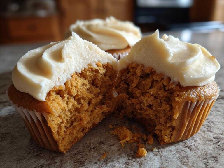 Close-up of a pumpkin spice cupcake cut in half showing its moist crumb and rich cream cheese frosting.