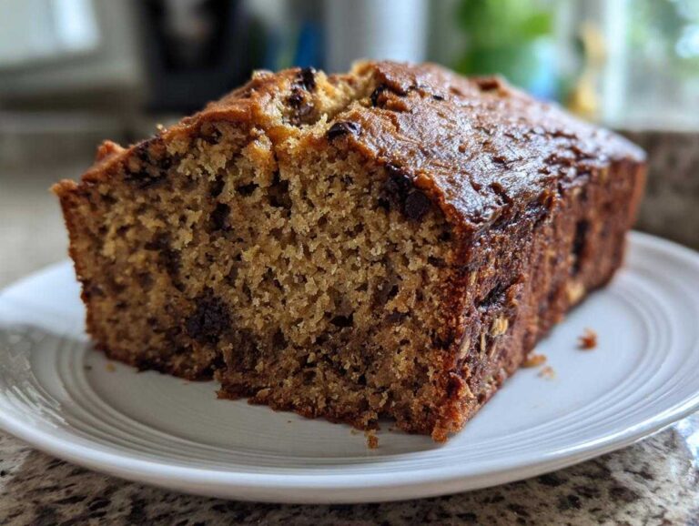 Close-up of a moist slice of vegan banana bread featuring visible chocolate chips on a white plate.