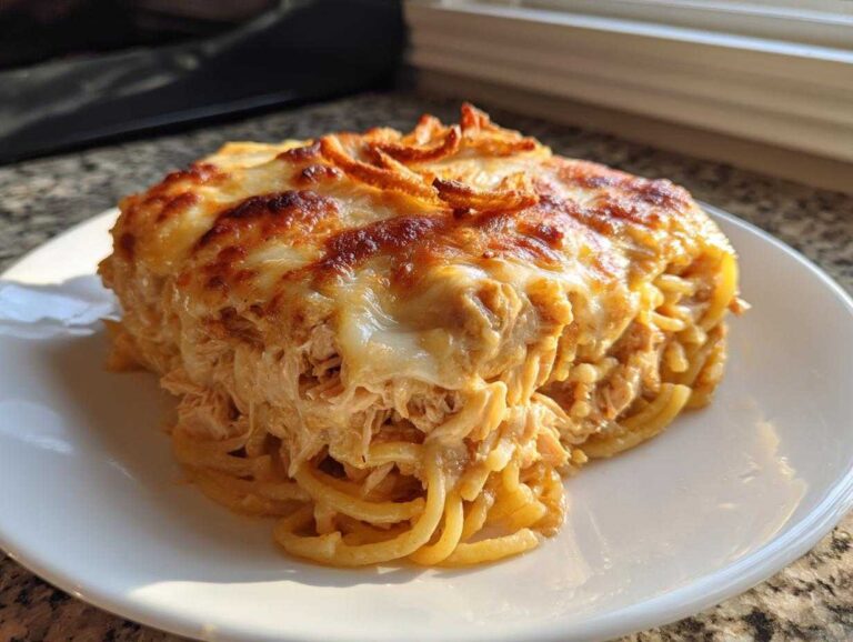 A square serving of baked Monterey chicken spaghetti topped with bubbly, browned melted cheese.