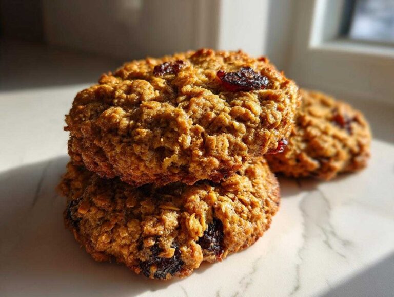 A stack of two golden brown oatmeal breakfast cookies topped with dried cranberries, sitting on a light marble surface.