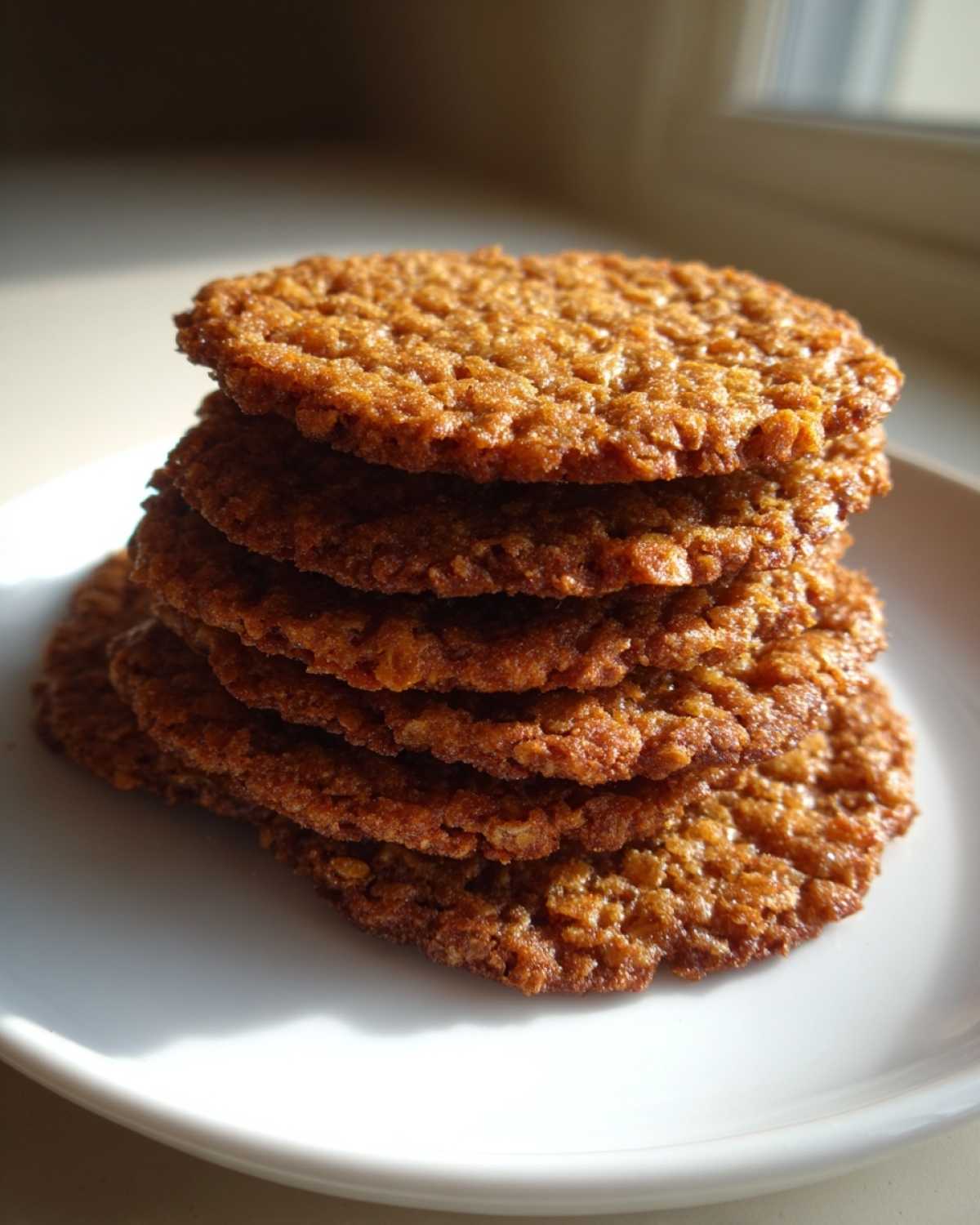 A stack of five golden brown, crispy oatmeal lace cookies resting on a white plate.