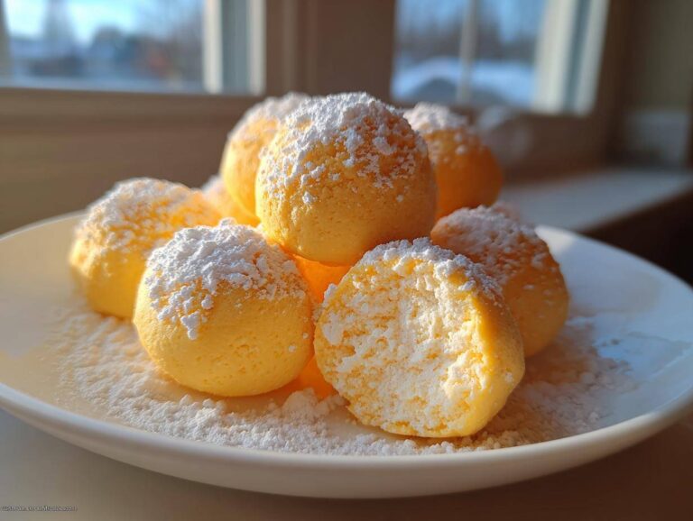 A pile of bright yellow orange cream cheese mints dusted heavily with powdered sugar on a white plate.