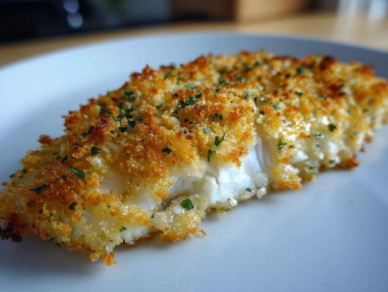 Close-up of a perfectly cooked parmesan crusted tilapia fillet with a golden, crunchy topping.