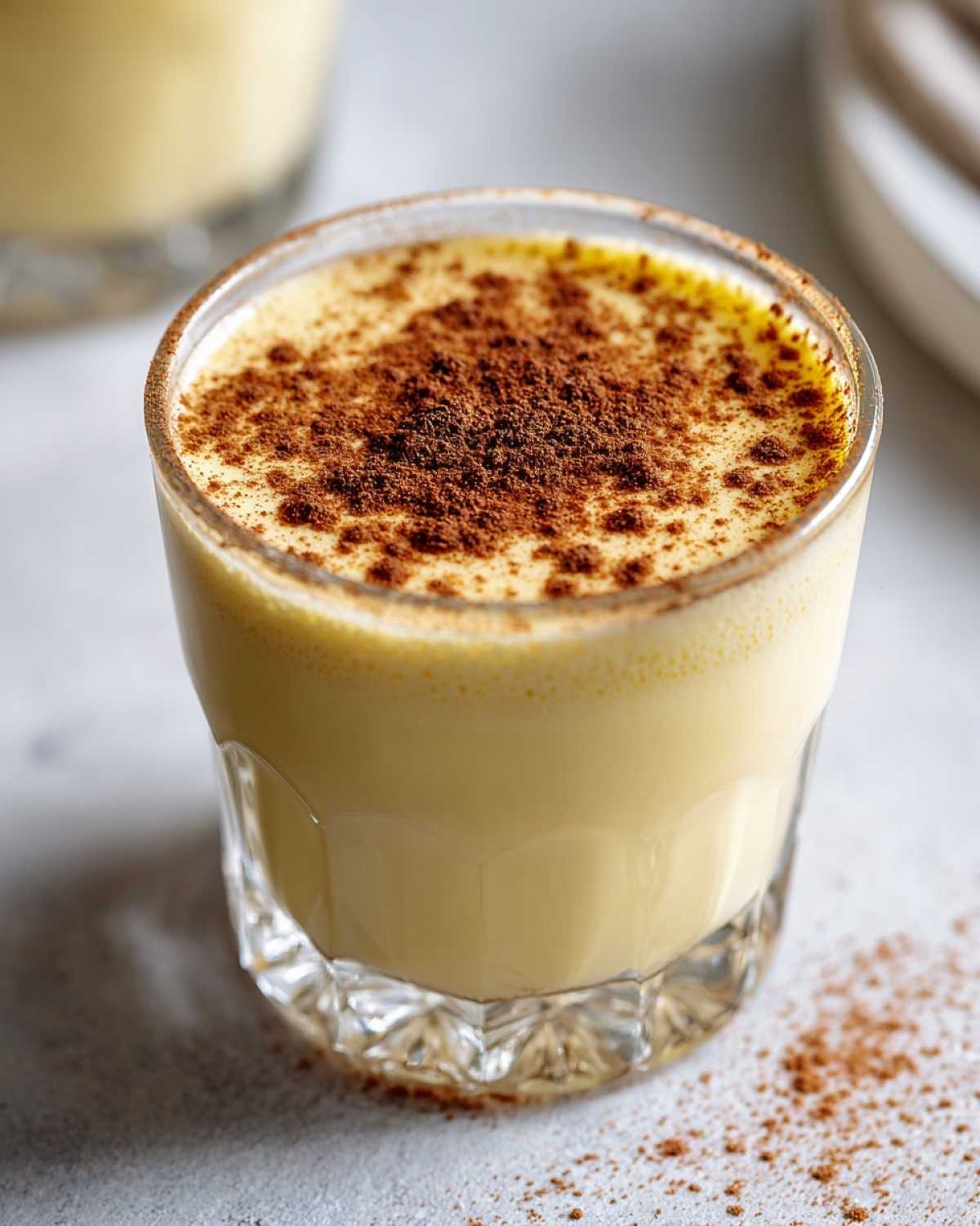 Close-up of a creamy glass of homemade eggnog topped generously with ground cinnamon.