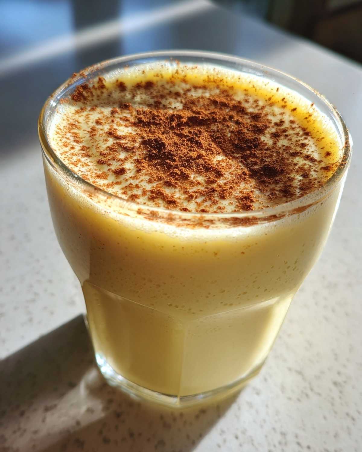 Close-up of a glass filled with creamy yellow eggnog, topped generously with ground cinnamon.