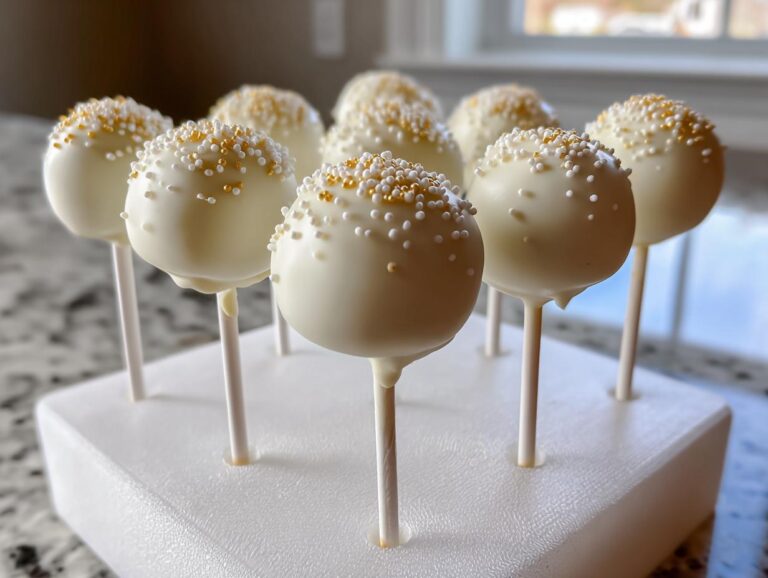 A display of perfectly smooth, white chocolate-coated cake pops decorated with gold and white sprinkles, ready to eat.