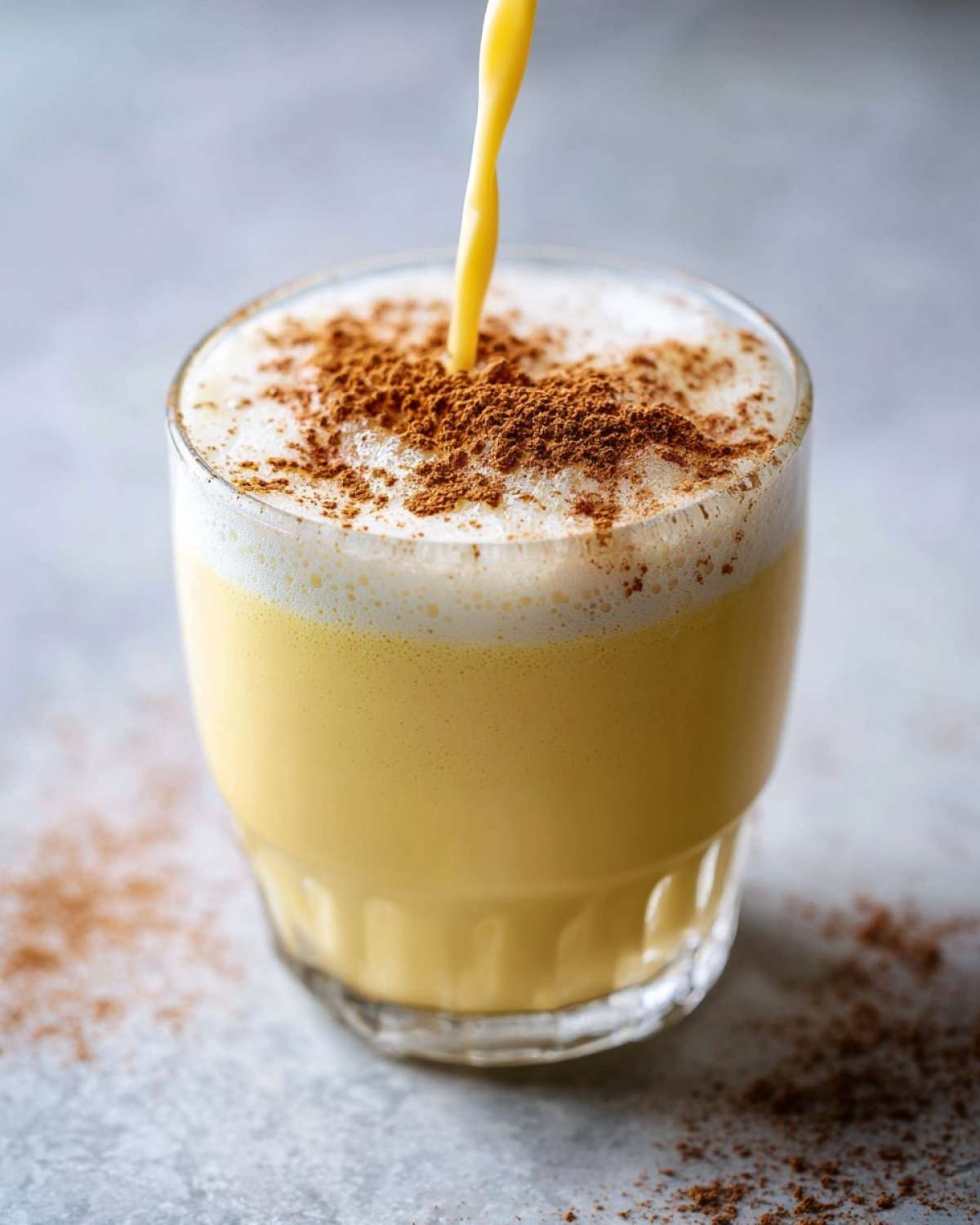 Close-up of thick, yellow eggnog being poured into a glass topped with foam and sprinkled with cinnamon.