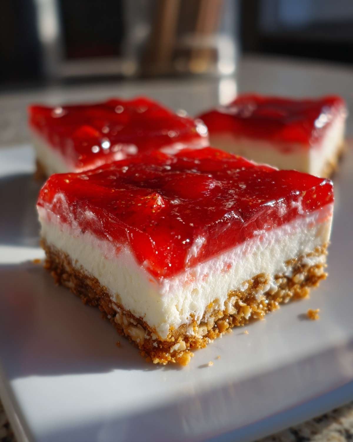 Close-up of three squares of pretzel salad featuring a crunchy pretzel crust, cream cheese layer, and bright red strawberry gelatin topping.