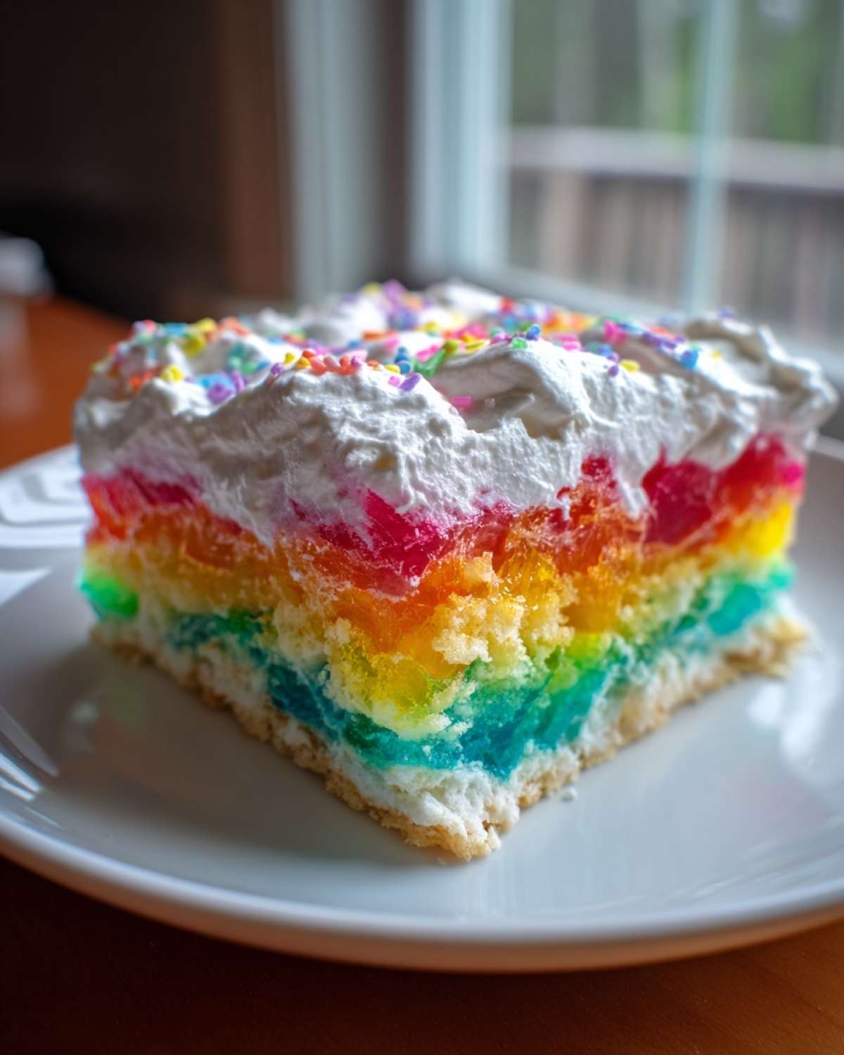 A square slice of rainbow jello poke cake topped with whipped cream and sprinkles on a white plate.