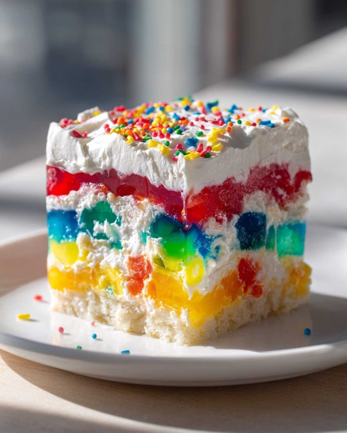 A colorful slice of jello poke cake featuring layers of rainbow gelatin cubes, white cream, and bright sprinkles on top.