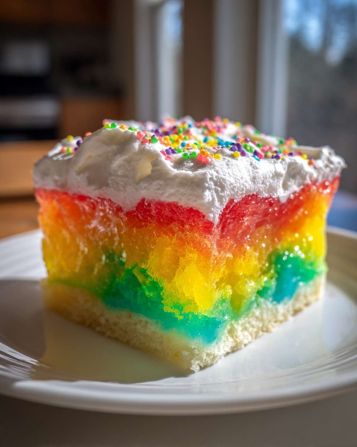A single serving slice of rainbow jello poke cake topped with whipped cream and colorful sprinkles.