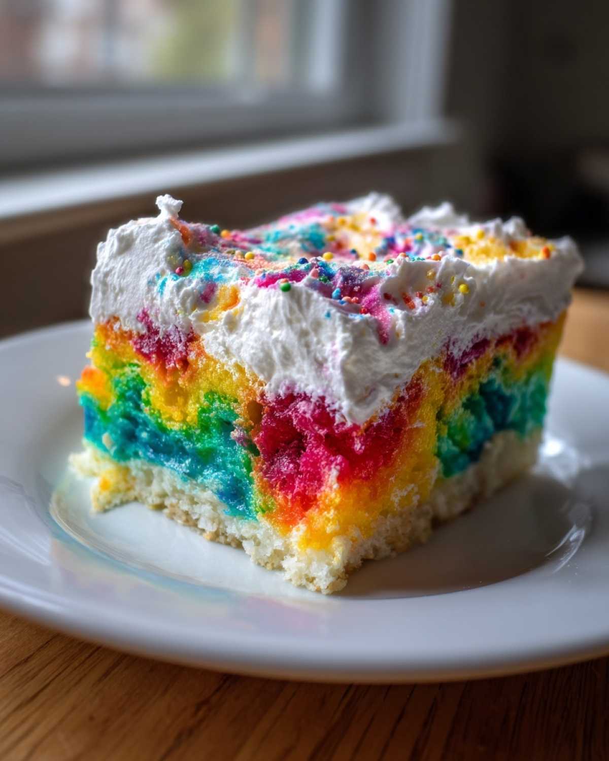 A colorful slice of rainbow jello poke cake topped with white whipped cream and sprinkles.