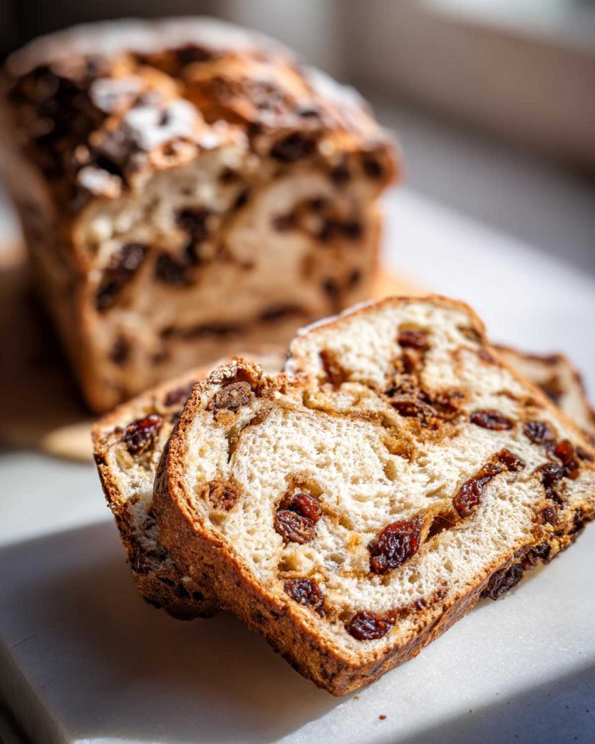 Close-up of two thick slices of freshly baked raisin bread showing plump raisins and a swirl of cinnamon sugar.