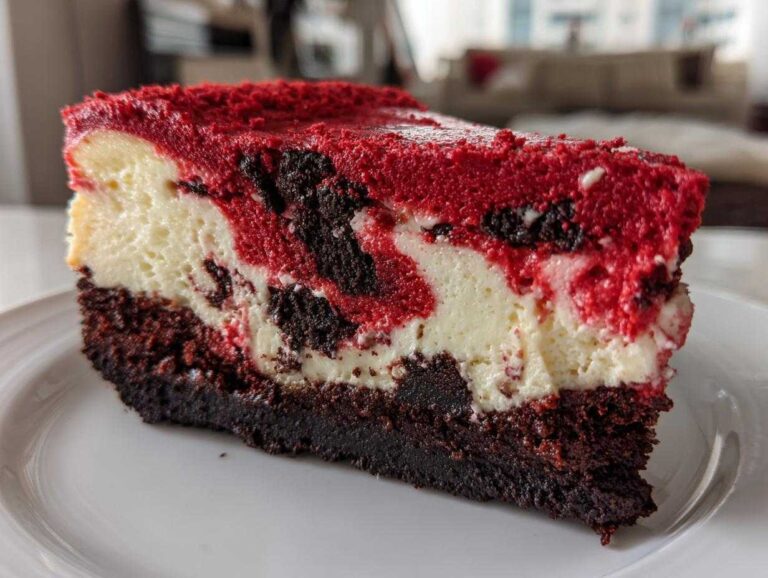 Close-up of a rich slice of red velvet cheesecake showing a dark crust, creamy white and red swirl filling, and red crumb topping.