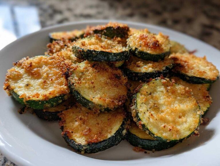 Close-up of perfectly cooked roasted zucchini slices topped with a golden, crispy breadcrumb and cheese crust.