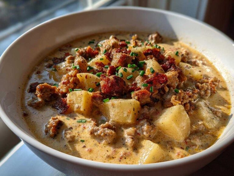 Close-up of a creamy bowl of sausage potato soup, topped with crumbled sausage and fresh chives.
