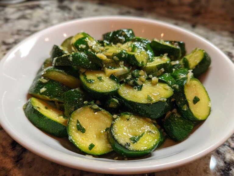Close-up of bright green, sliced sauteed zucchini coated in garlic and parsley, served in a white bowl.