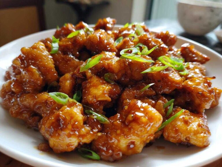 Close-up of crispy, glazed honey garlic chicken pieces garnished with fresh green onions on a white plate.