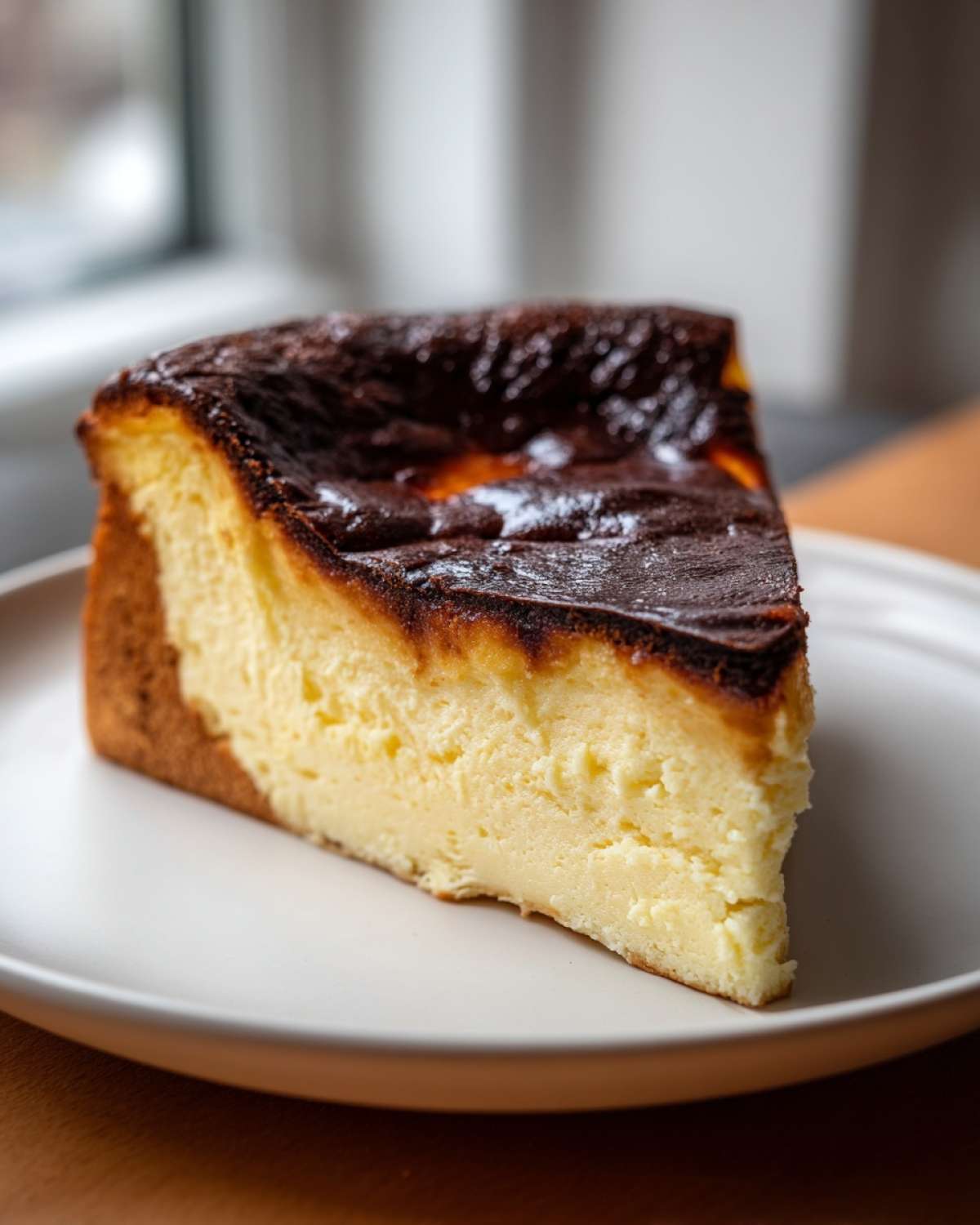 A thick slice of Basque burnt cheesecake showing its creamy interior and dark, caramelized top.