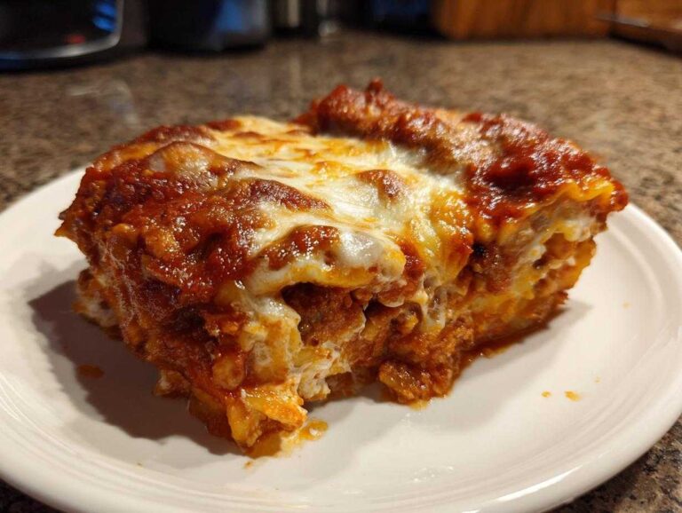 Close-up of a generous slice of baked ravioli covered in rich tomato sauce and melted mozzarella cheese.