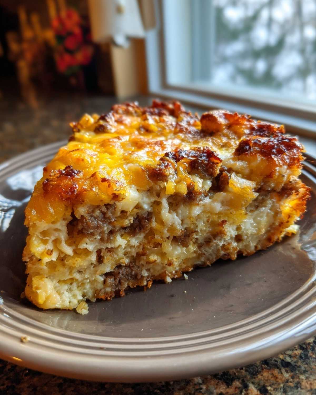 A close-up of a hearty slice of Christmas breakfast casserole with sausage, eggs, and melted cheese.