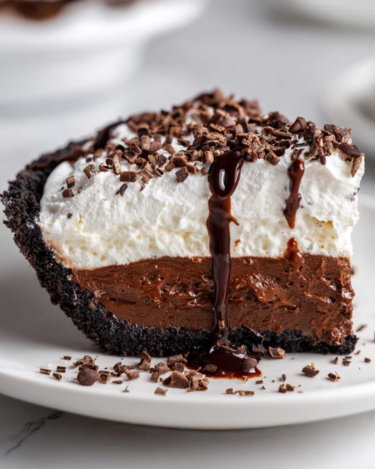 A decadent slice of Mississippi Mud Pie featuring a dark crust, rich chocolate filling, and whipped topping with chocolate drizzle.
