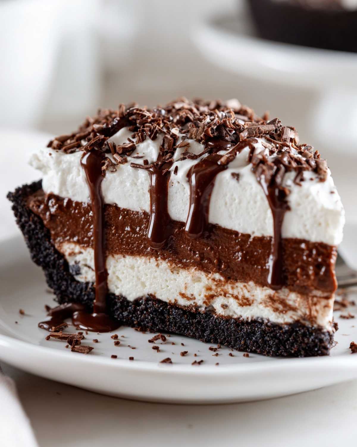 A decadent slice of Mississippi Mud Pie showing layers of chocolate filling, cream, and a dark crust, topped with whipped cream and chocolate shavings.