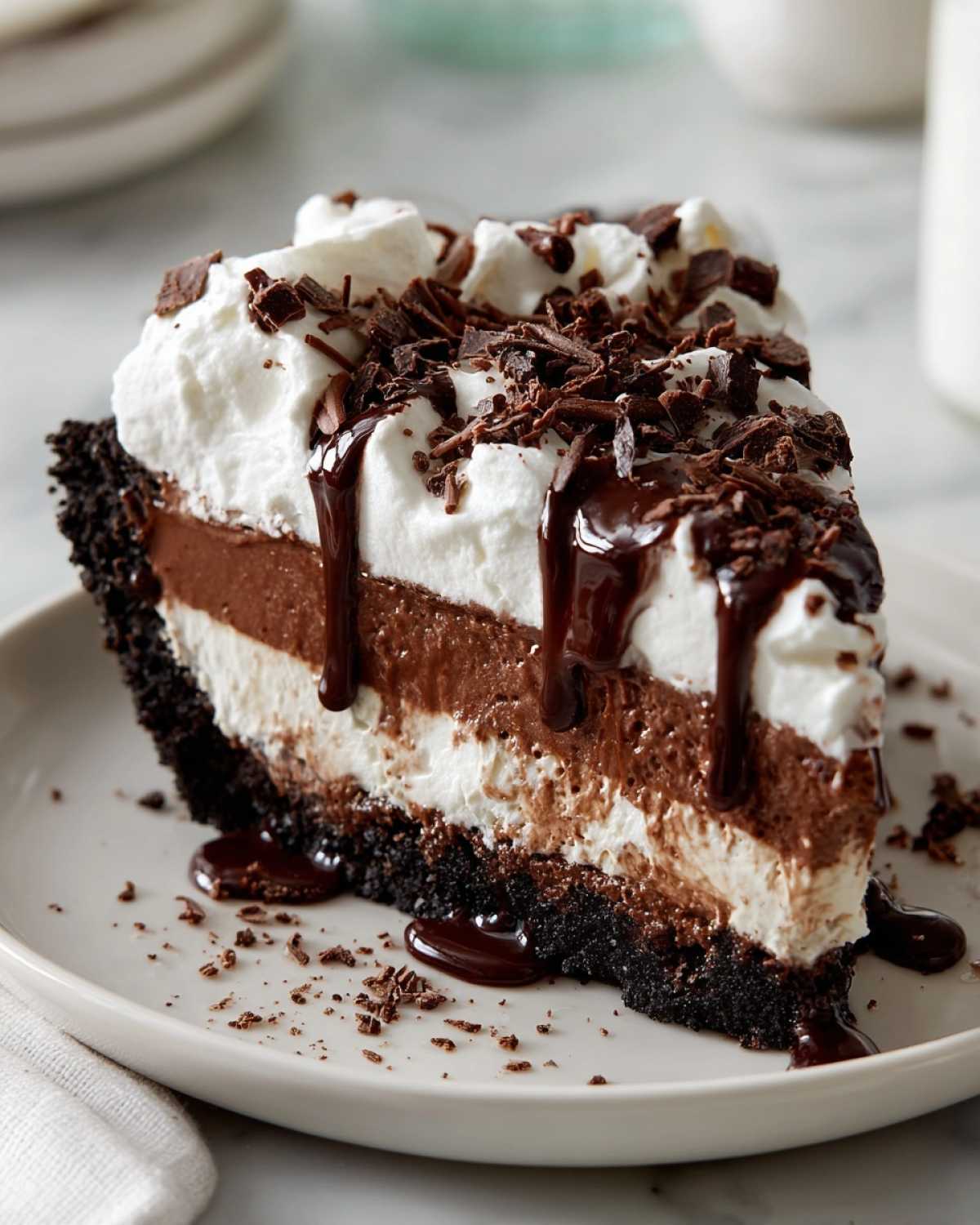 A decadent slice of Mississippi mud pie showing layers of chocolate filling, whipped cream, and chocolate shavings.