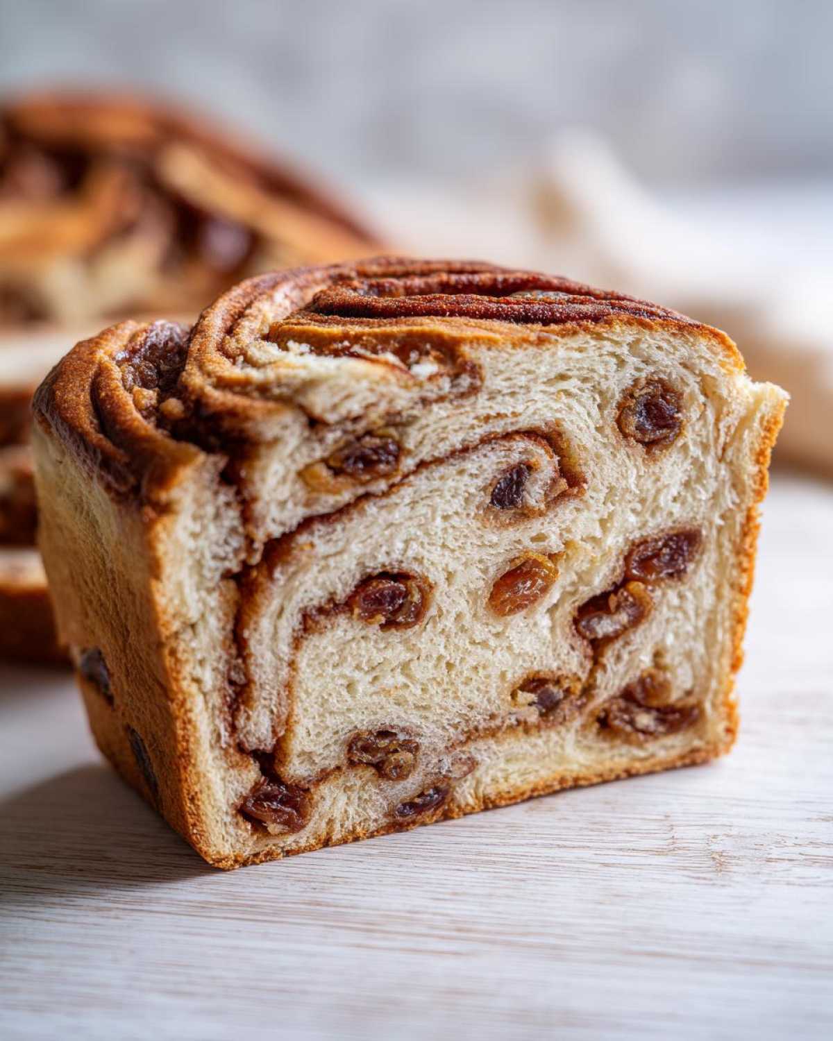Close-up of a thick slice of homemade raisin bread showing soft interior, raisins, and cinnamon swirl.