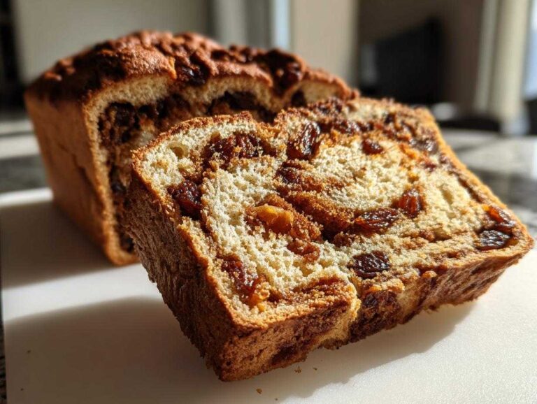 Close-up of a freshly baked loaf of raisin bread, with one thick slice cut and showing the rich cinnamon swirl and plump raisins.