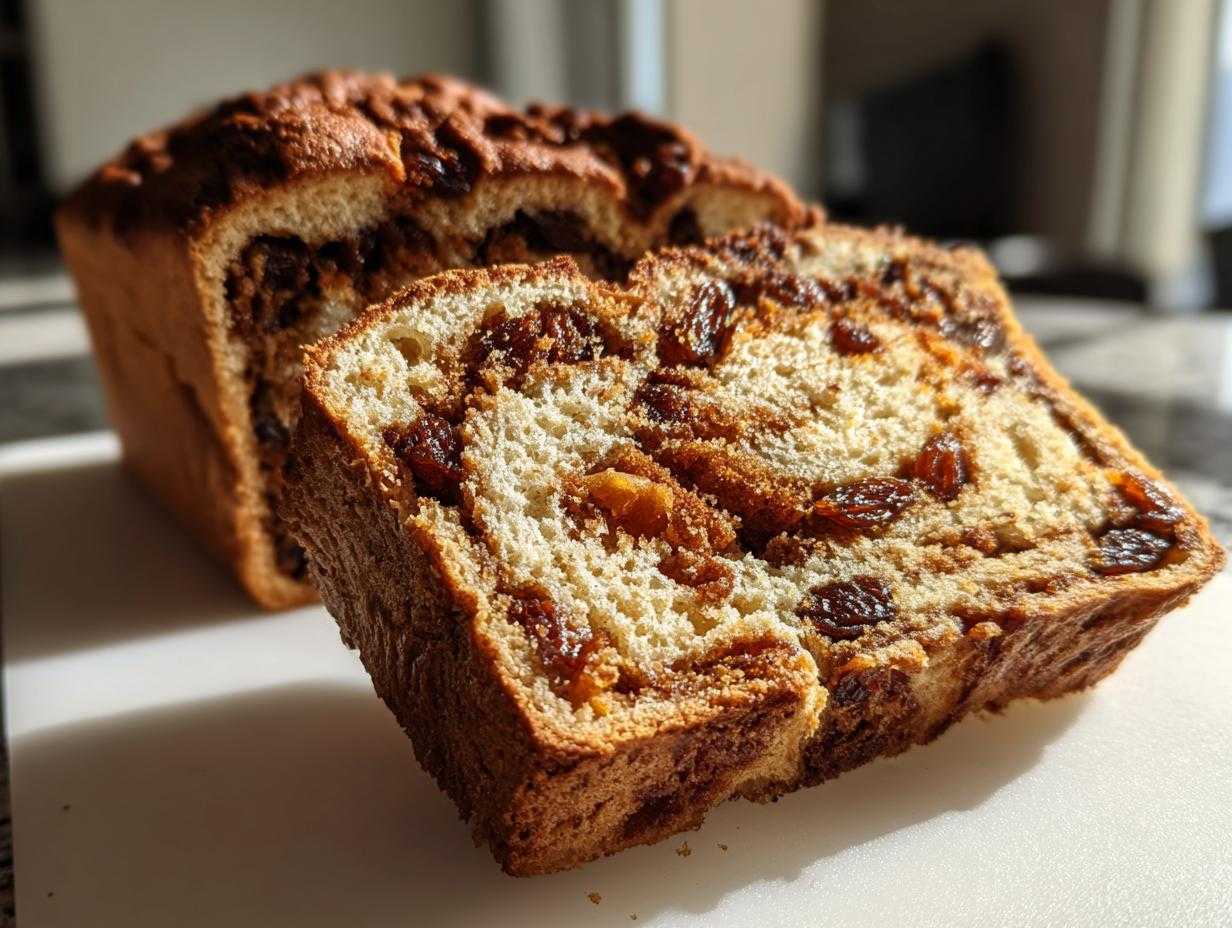 Close-up of a freshly baked loaf of raisin bread, with one thick slice cut and showing the rich cinnamon swirl and plump raisins.