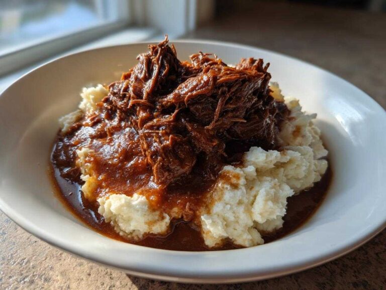 A white bowl filled with mashed potatoes topped with shredded beef in rich gravy for the slow cooker beef manhattan recipe.