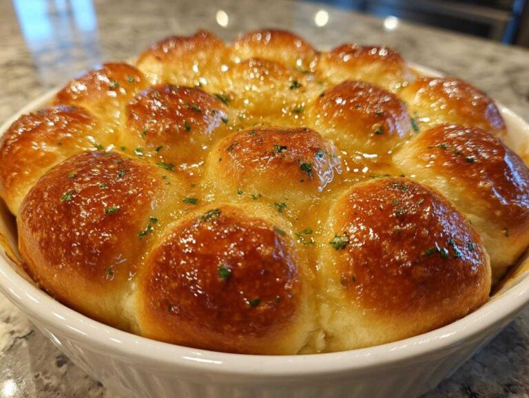 Close-up of golden brown, soft buttery rolls baked together in a white dish, glistening with butter and sprinkled with parsley.