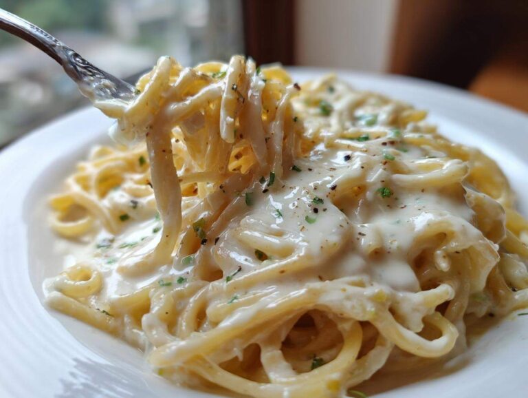 Close-up of spaghetti being lifted by a fork, generously coated in a rich, white cream sauce and sprinkled with pepper.