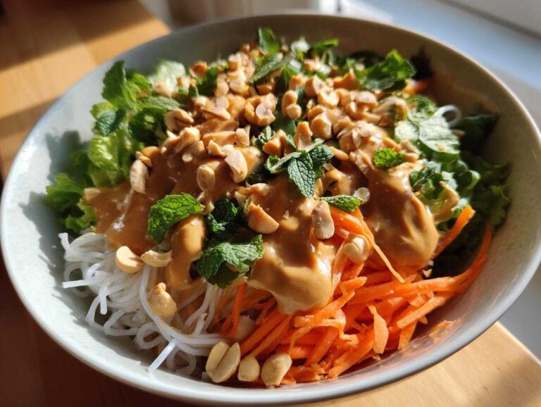 A bowl of vibrant spring roll salad featuring rice noodles, shredded carrots, lettuce, peanut sauce, mint, and chopped peanuts.
