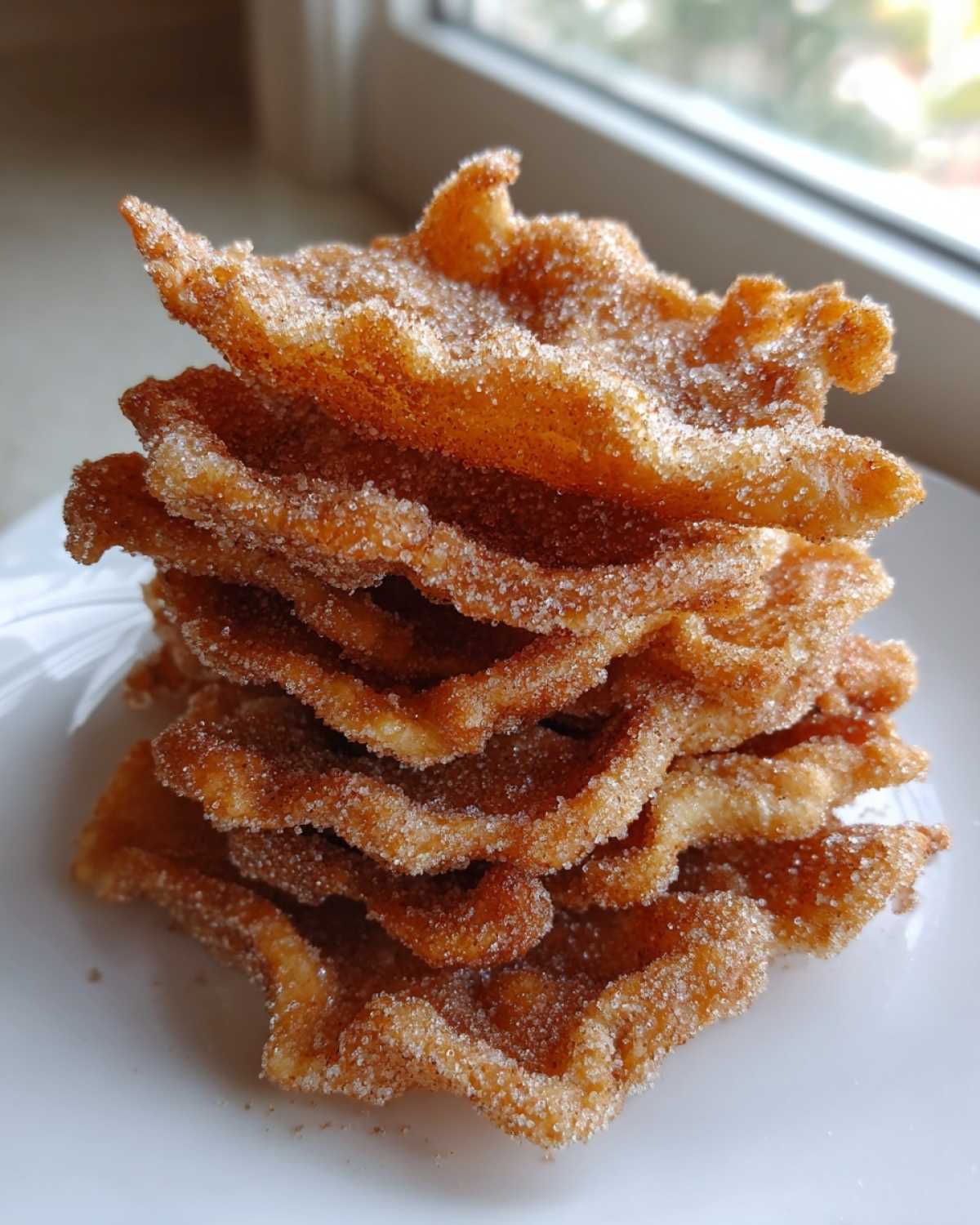 A stack of crispy, golden-brown buñuelos heavily coated in cinnamon sugar, resting on a white plate.