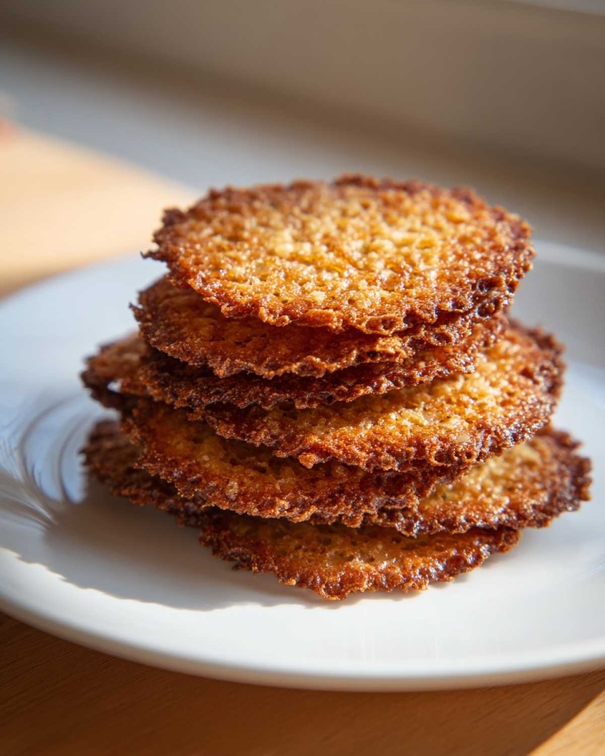 A stack of five golden brown, lacy oatmeal lace cookies piled on a white plate.